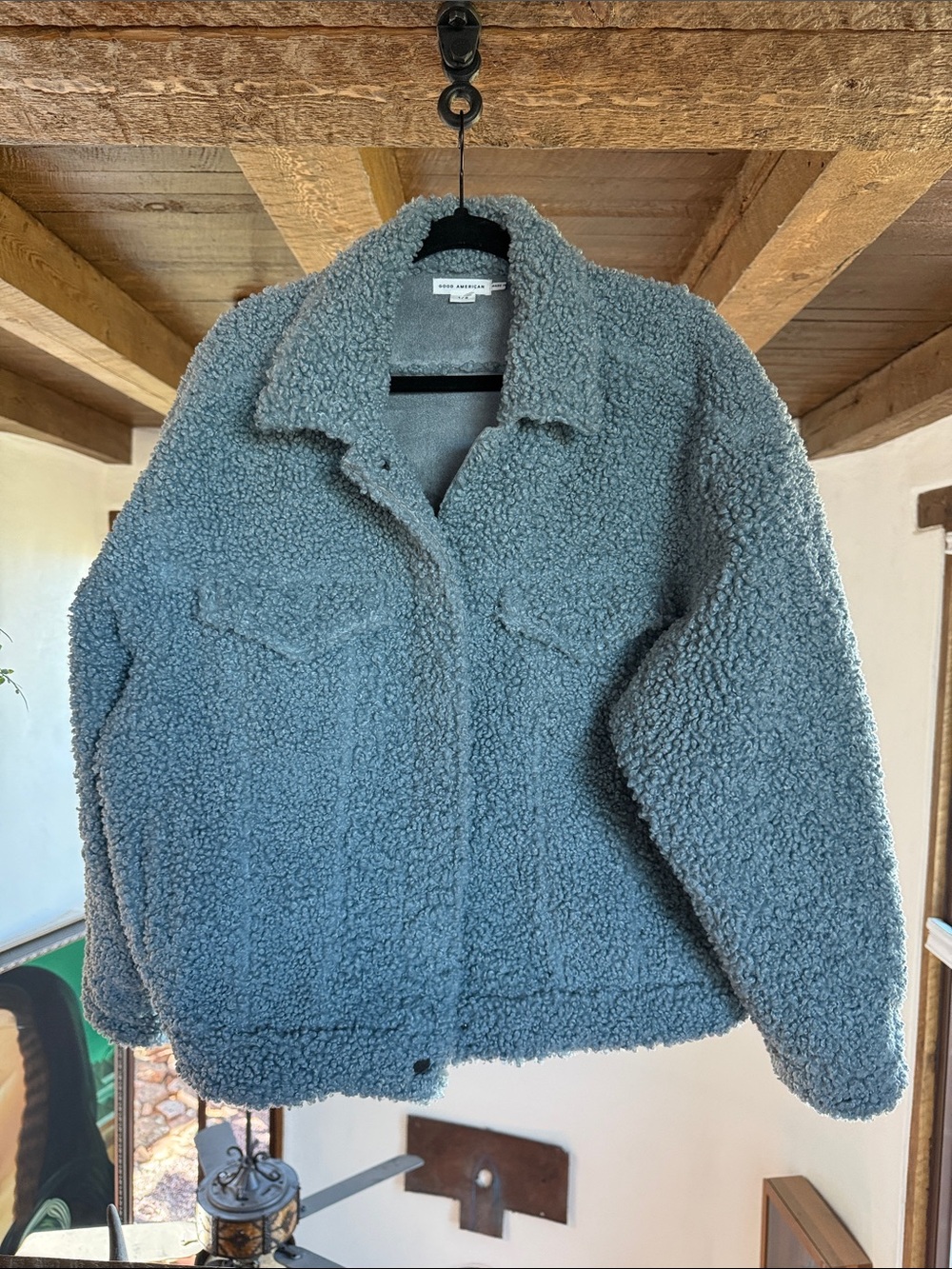 Good American Plush Teddy Jacket in Slate Blue
